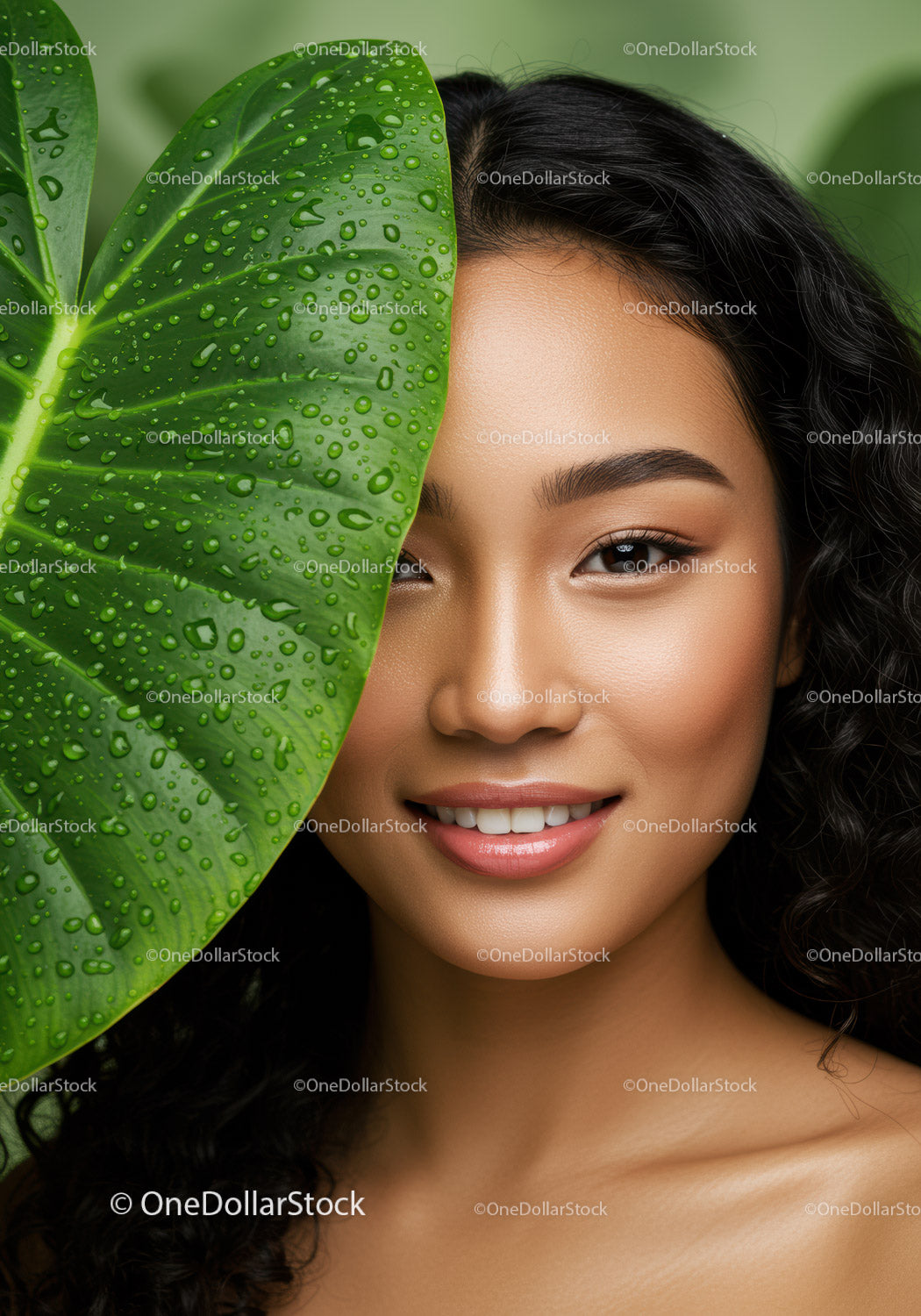 Close-Up of Smiling Woman with Tropical Plant and Greenery Background