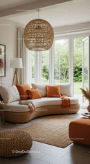 Cozy living room with natural woven furniture and orange accents