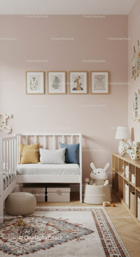 Cozy Childrens Room with Pastel Wall Art and Wooden Shelves