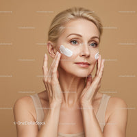 Skincare Woman Applying Facial Cream for Healthy Aging and Rejuvenation
