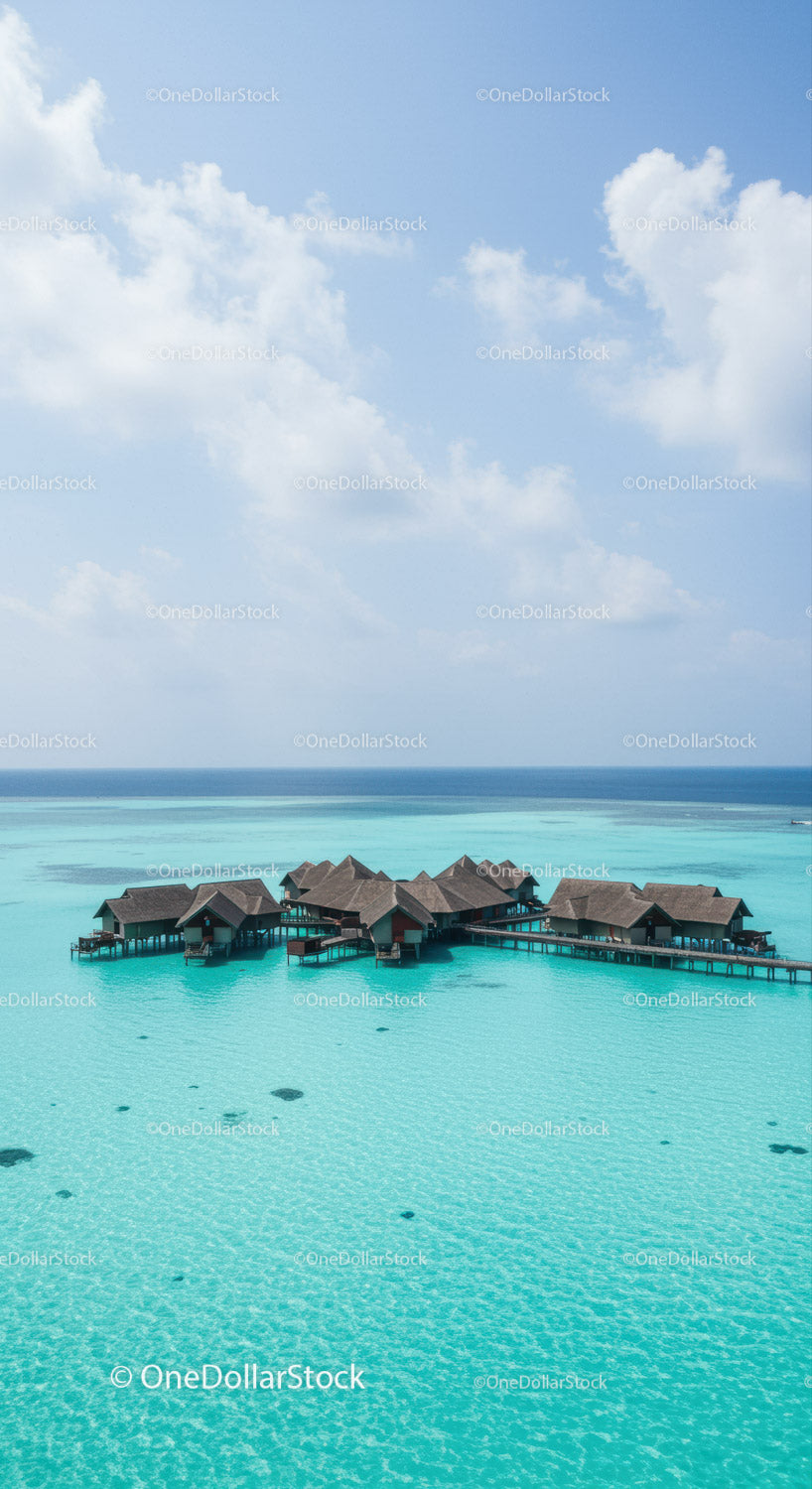 Beautiful Overwater Bungalows in Turquoise Ocean with Clear Sky