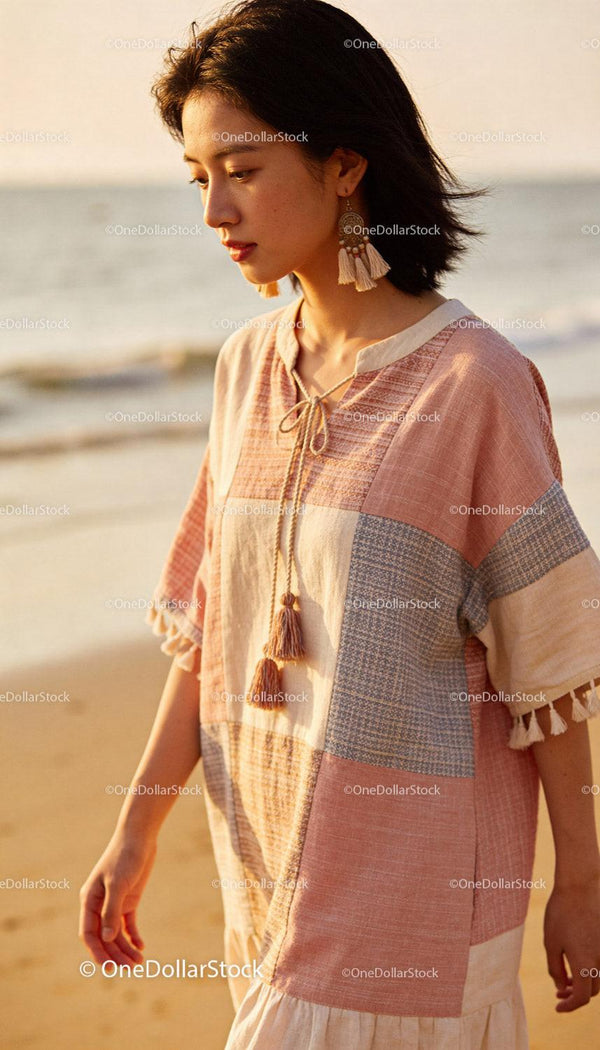 Young woman enjoying beach walk in boho style dress