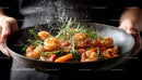 Fresh Shrimp with Colorful Vegetables and Herbs in a Black Bowl