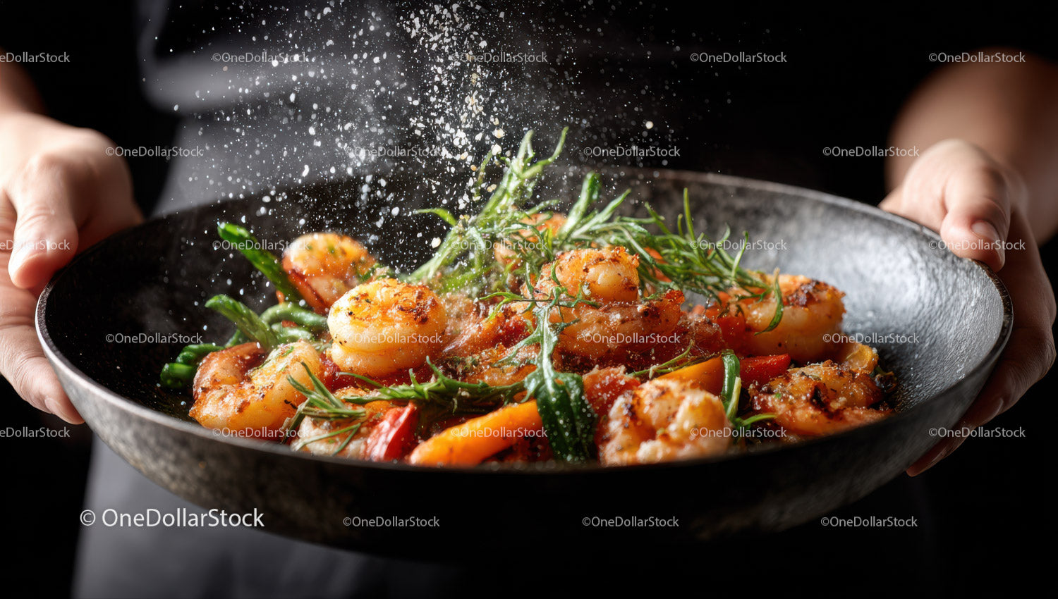 Fresh Shrimp with Colorful Vegetables and Herbs in a Black Bowl