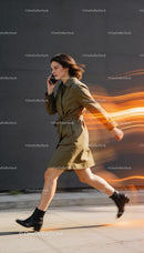 Woman in trench coat walking quickly while on phone
