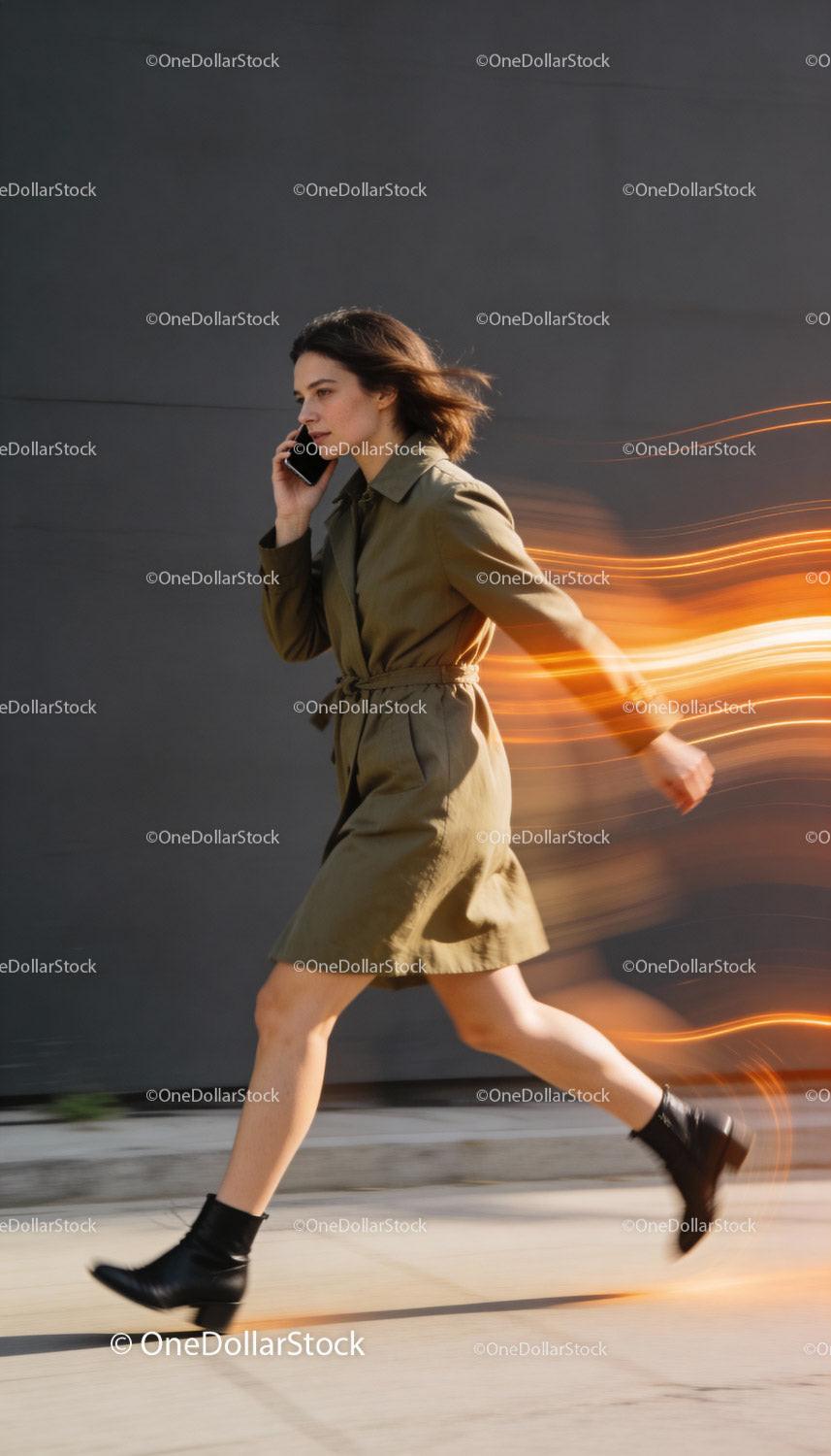 Woman in trench coat walking quickly while on phone