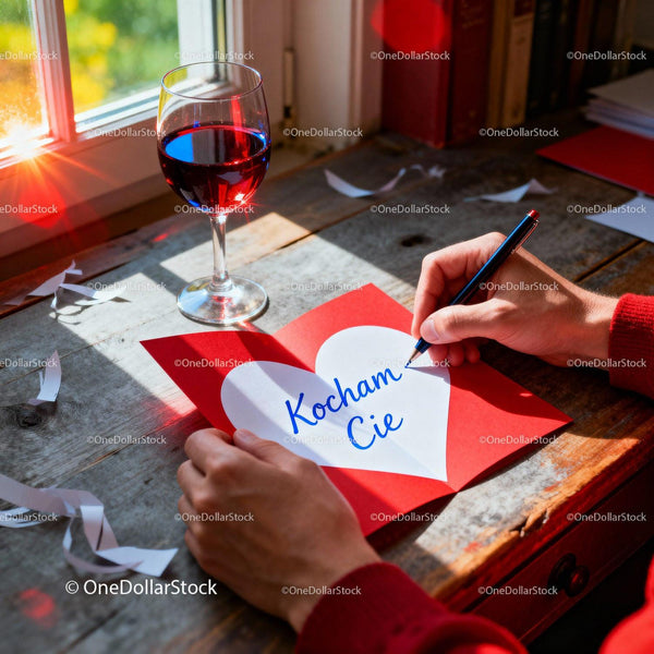 Writing a Romantic Valentine Card with Red Wine Nearby