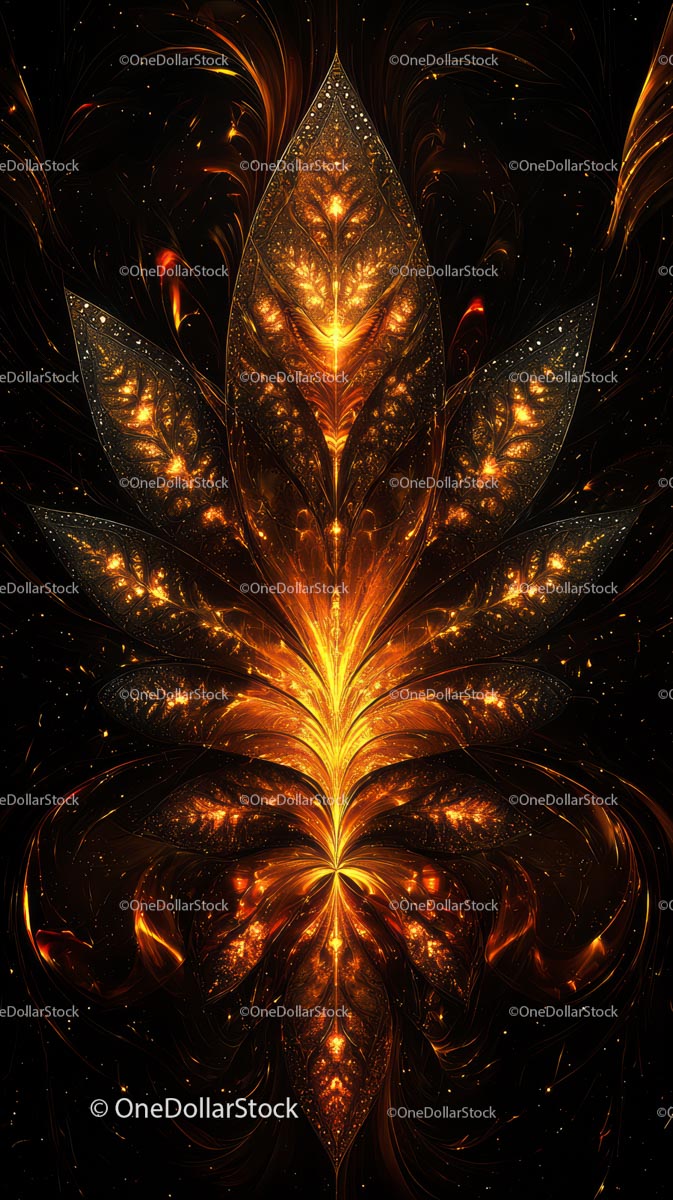 Golden Fractal Leaf with Radiant Glowing Details
