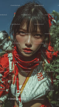 Portrait of a Young Woman with Black Hair and Red Accessories Outdoors