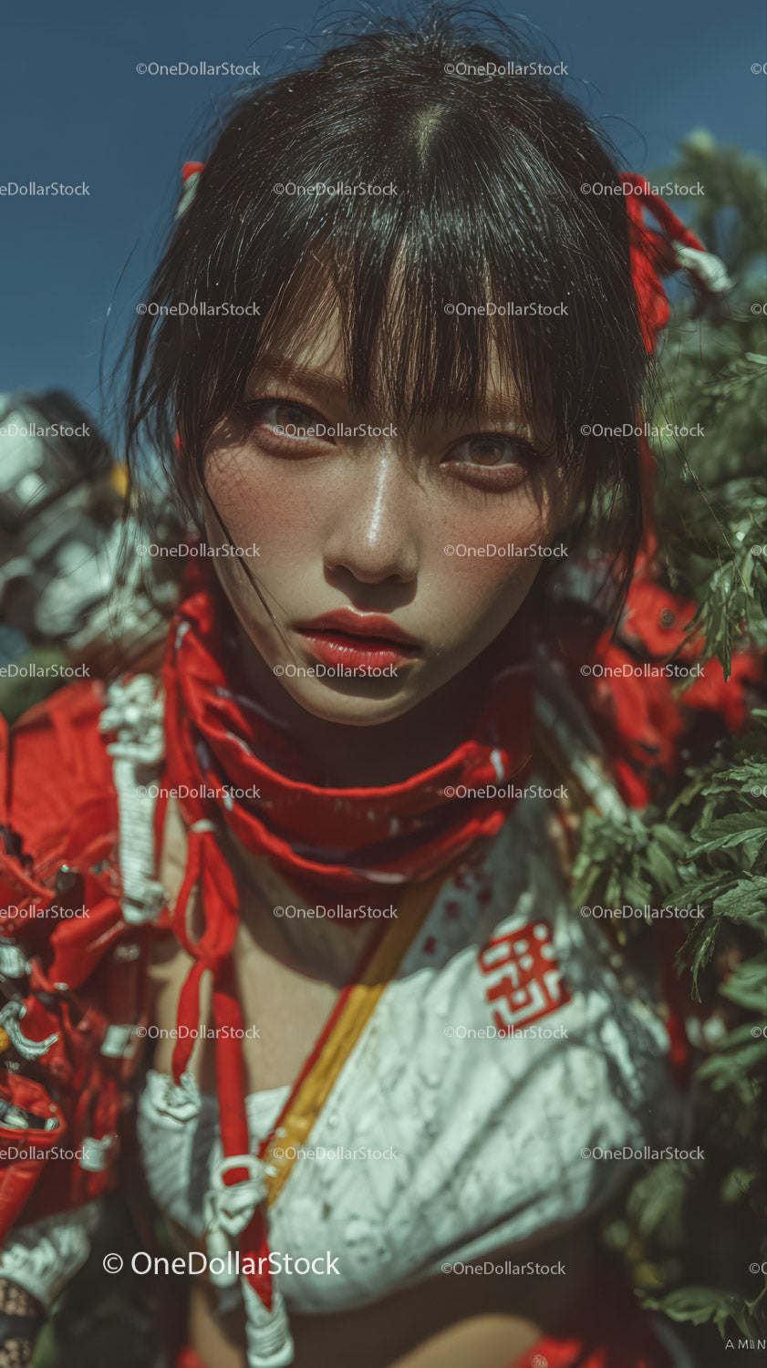 Portrait of a Young Woman with Black Hair and Red Accessories Outdoors