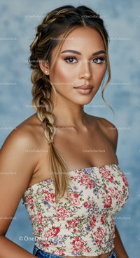 Glamorous Woman Wearing Floral Off Shoulder Top and Braided Hair