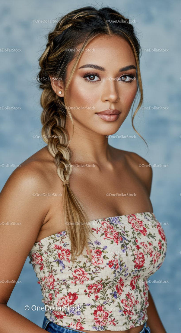 Glamorous Woman Wearing Floral Off Shoulder Top and Braided Hair