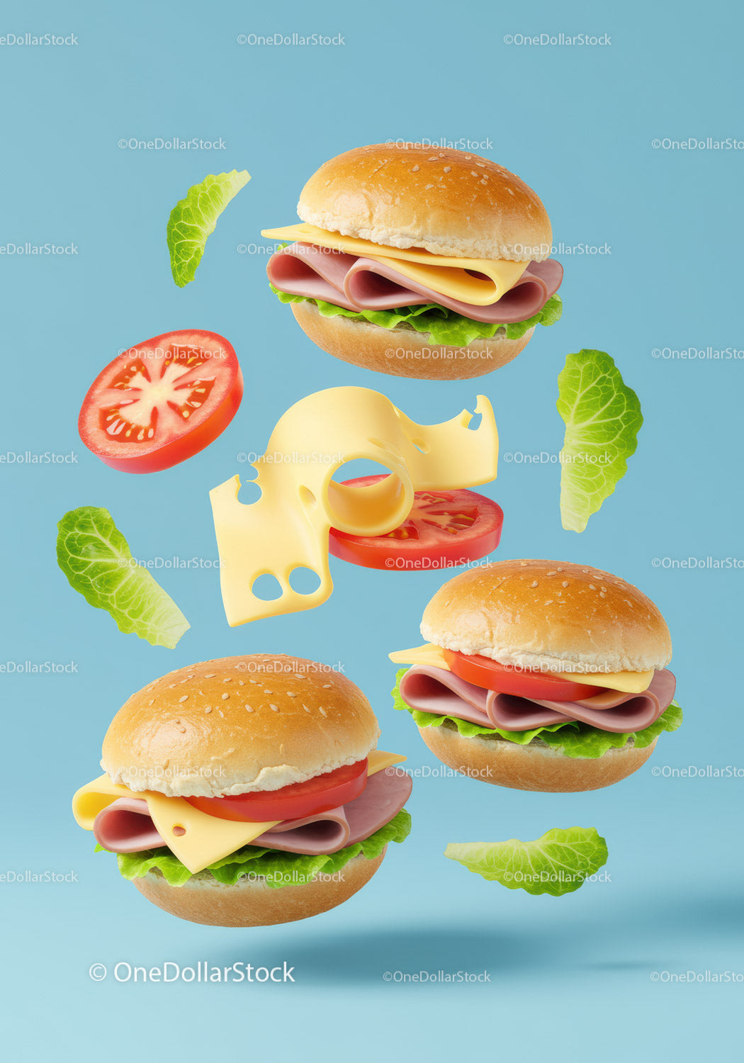 Fresh ham and cheese sandwiches with tomato and lettuce