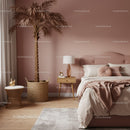 Elegant Bedroom with Blush Wall and Indoor Plant Featuring Cozy Decor
