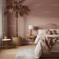 Elegant Bedroom with Blush Wall and Indoor Plant Featuring Cozy Decor