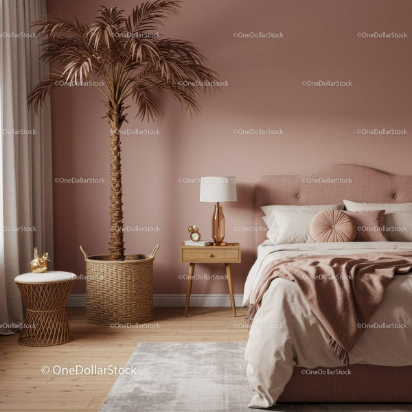 Elegant Bedroom with Blush Wall and Indoor Plant Featuring Cozy Decor