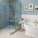 Elegant bathroom with gold accents and floral decor