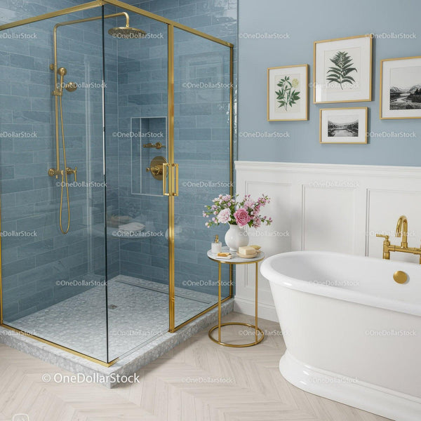 Elegant bathroom with gold accents and floral decor