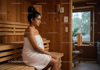 Relaxing Woman Sitting in Wooden Sauna with Towel in Wellness Center