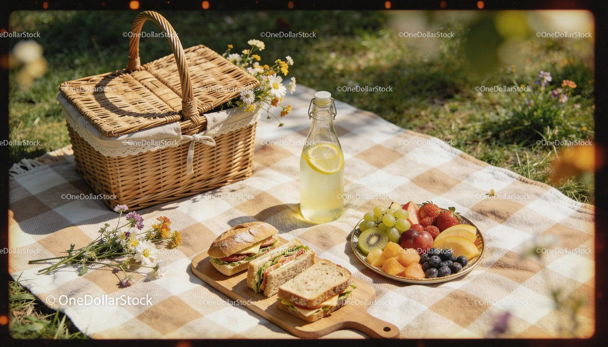 Classic Picnic Setup with Fresh Fruit and Homemade Sandwiches