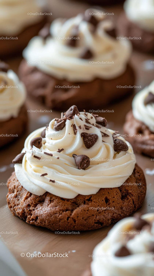Chocolate Chip Cookie with Whipped Cream and Chocolate Topping Stock Photo Bundle (40 JPG Files)