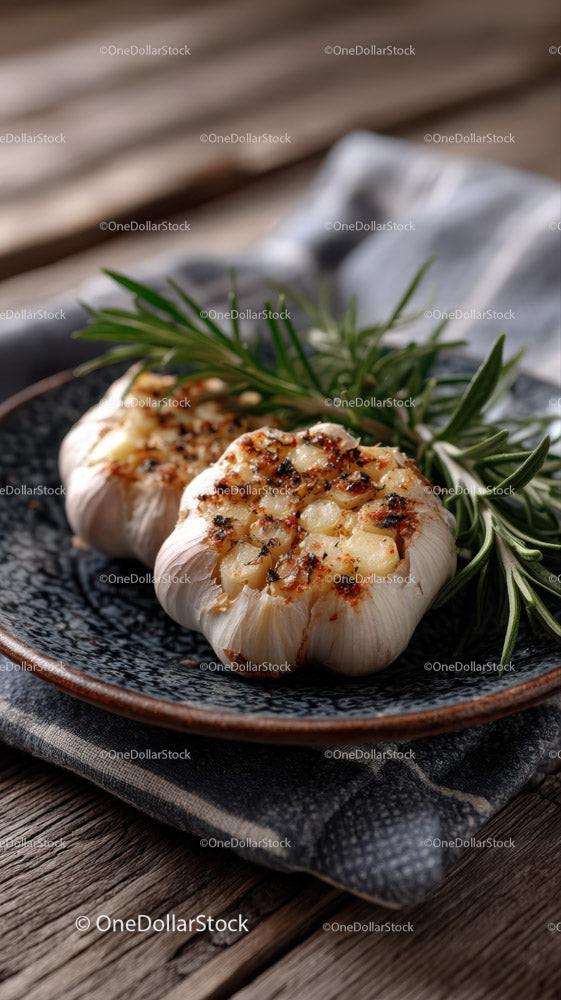 Roasted Garlic Bulb with Herbs on Rustic Plate