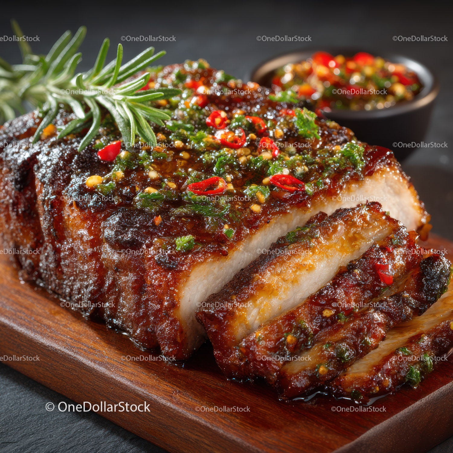 Barbecue Pork Ribs with Spicy Chili Glaze on Wooden Platter