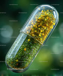 Close-up of a Transparent Capsule Filled with Green and Yellow Granules