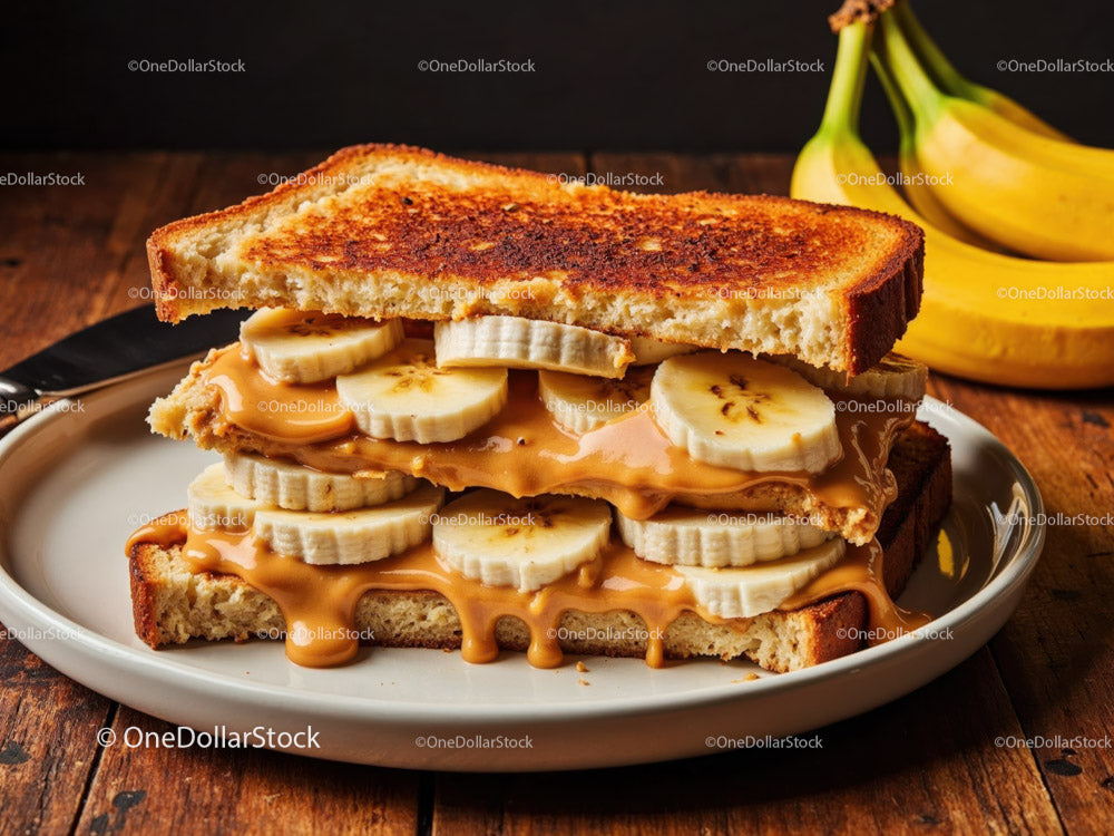 Banana and Peanut Butter Toast Sandwich with Caramel Drizzle