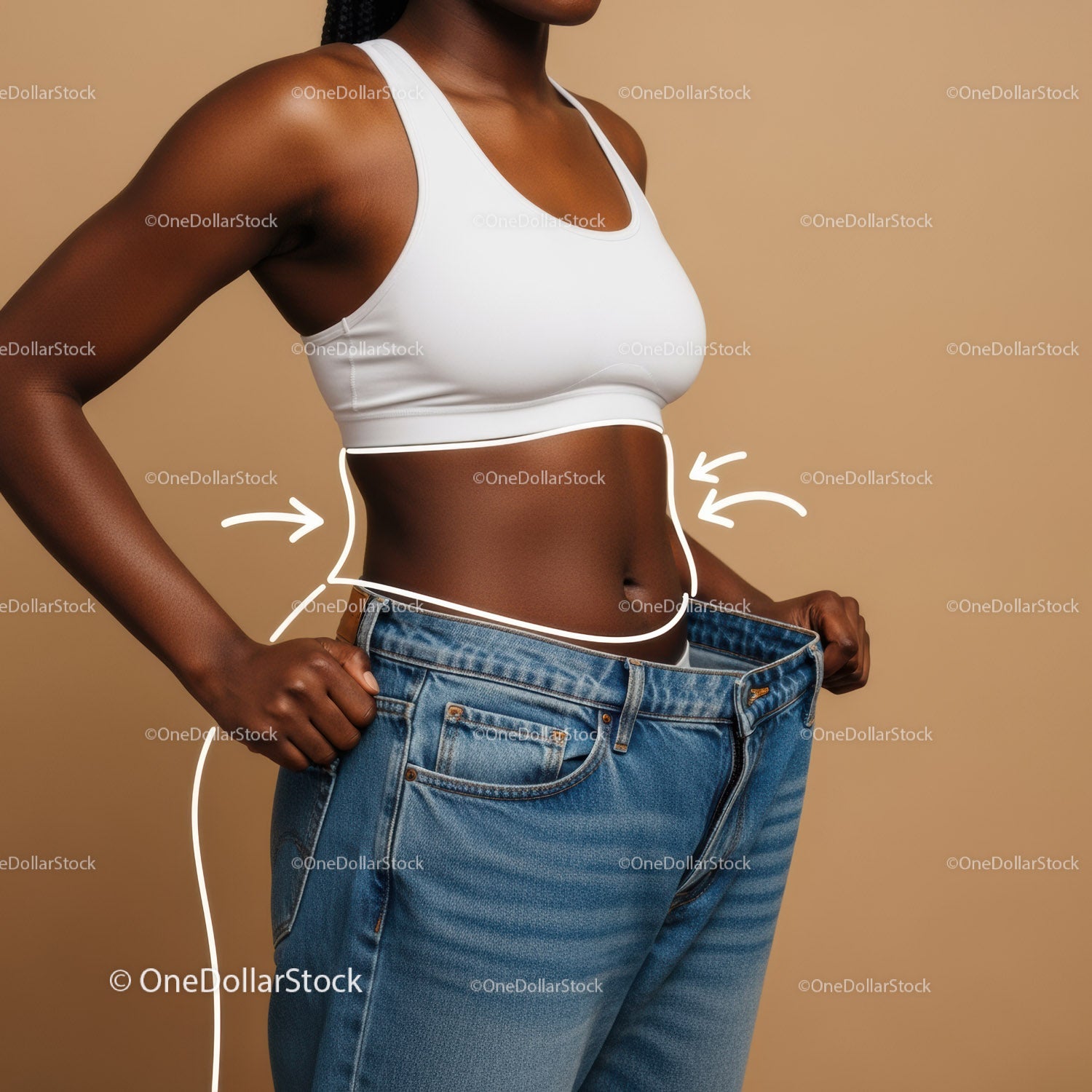 Woman Measuring Waist for Weight Loss Progress With Loose Jeans