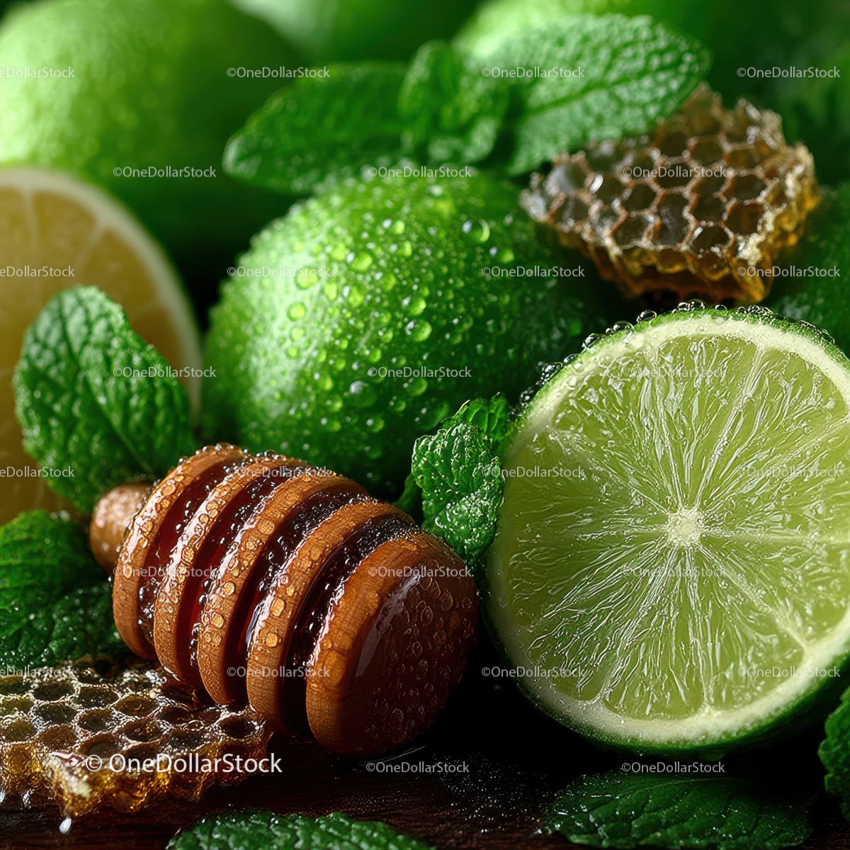 Fresh Limes, Mint Leaves and Honeycomb for Delicious Recipes