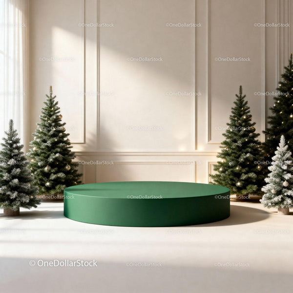 Minimalist Christmas display with green podium and trees