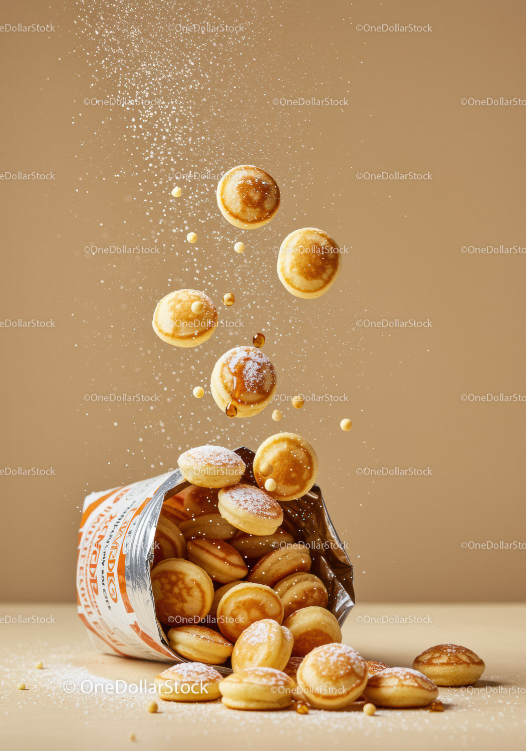 Mini pancakes falling from an open snack bag on beige background