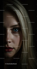 Close up portrait of a woman with striking blue eyes