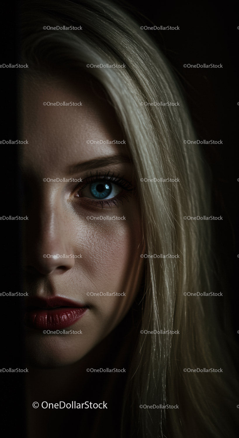 Close up portrait of a woman with striking blue eyes