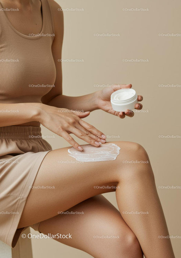 Woman Applying Body Lotion with Skin Care Jar in Neutral Room