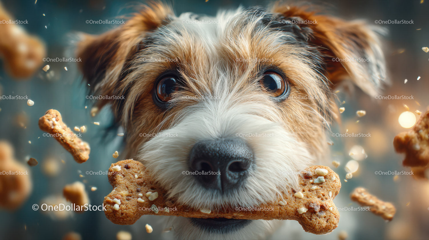 Cute Puppy Catching Biscuit with Bright Eyes and Fluffy Fur