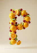 Letter P composed of fresh citrus and berries