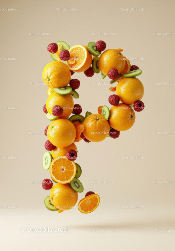 Letter P composed of fresh citrus and berries