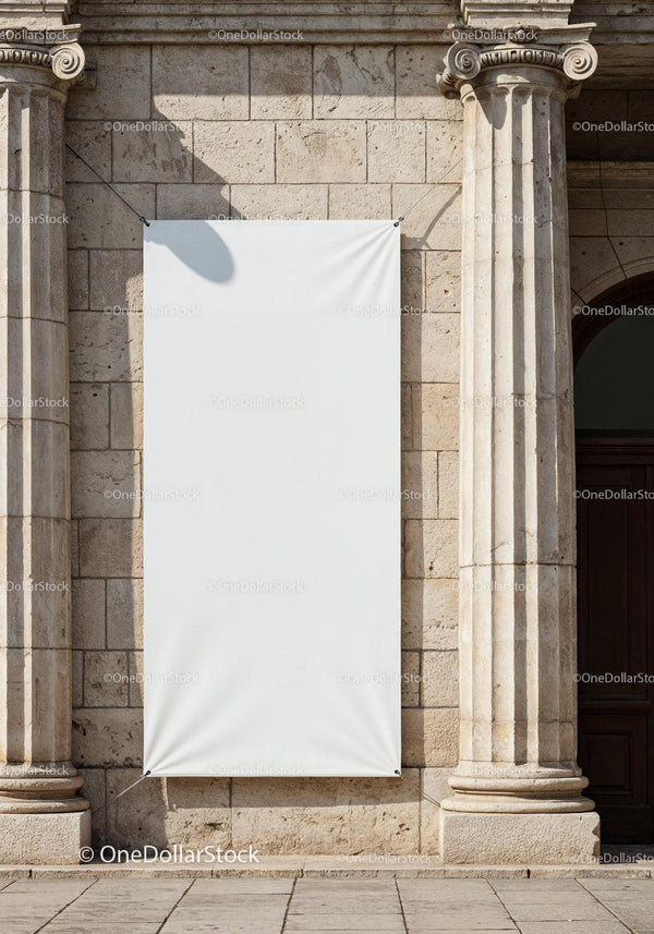 Blank vertical banner hanging on historic stone building JPG Mockup Image