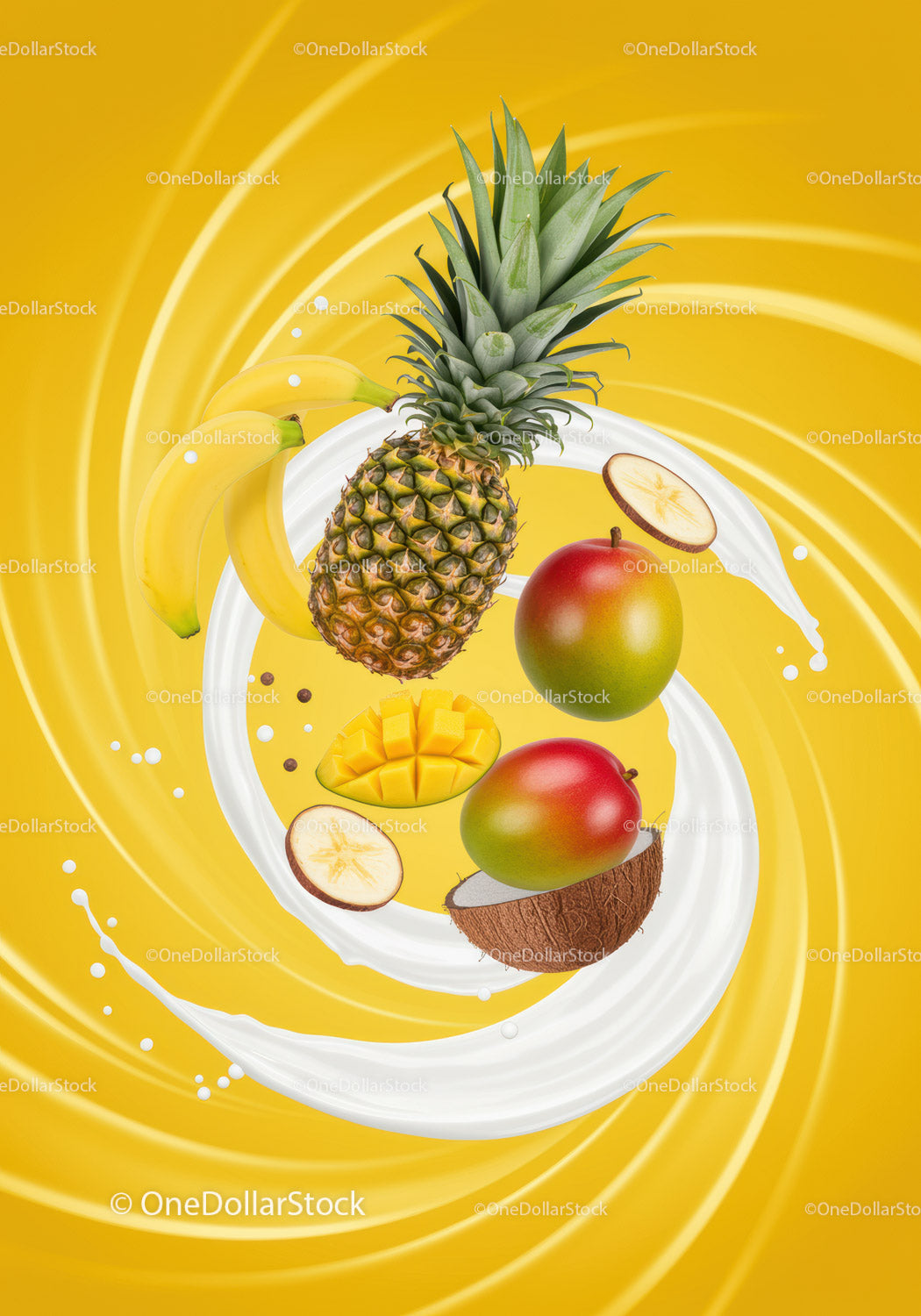 Fresh tropical fruits with creamy swirl on yellow