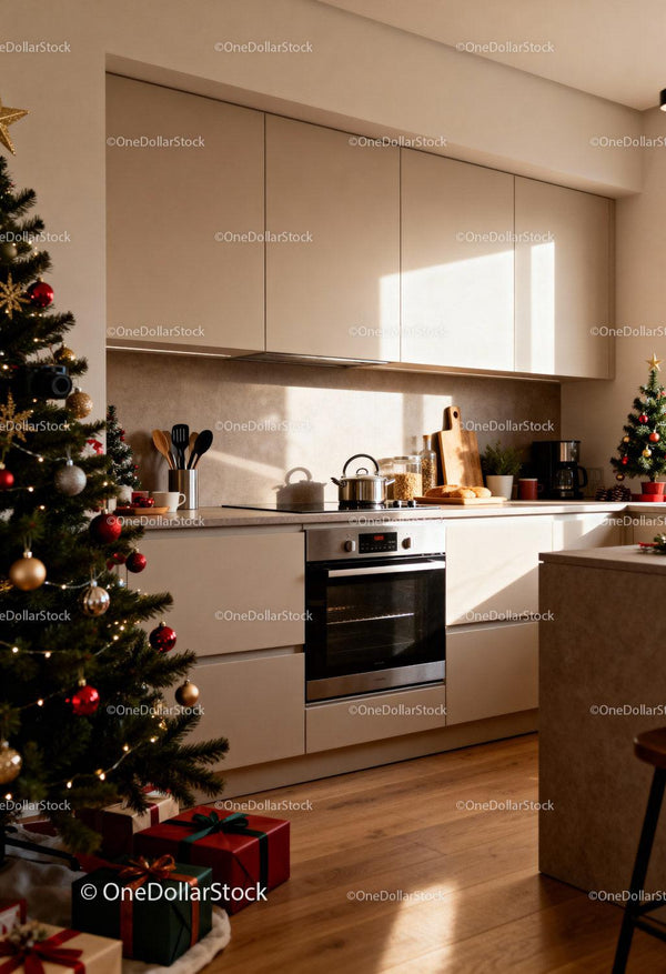 Cozy modern kitchen decorated for Christmas holidays