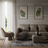 Elegant Living Room with Monstera Leaf Wall Art and Cozy Furniture