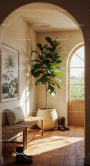 Cozy sunlit entryway with potted fiddle leaf fig plant