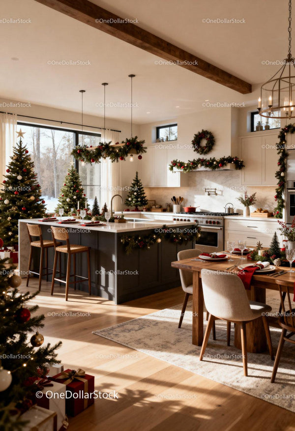 Cozy Kitchen and Dining Area Decorated for Christmas