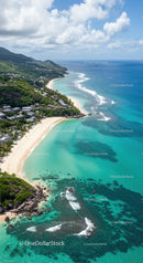 Scenic Tropical Beach with Blue Ocean and Green Hills