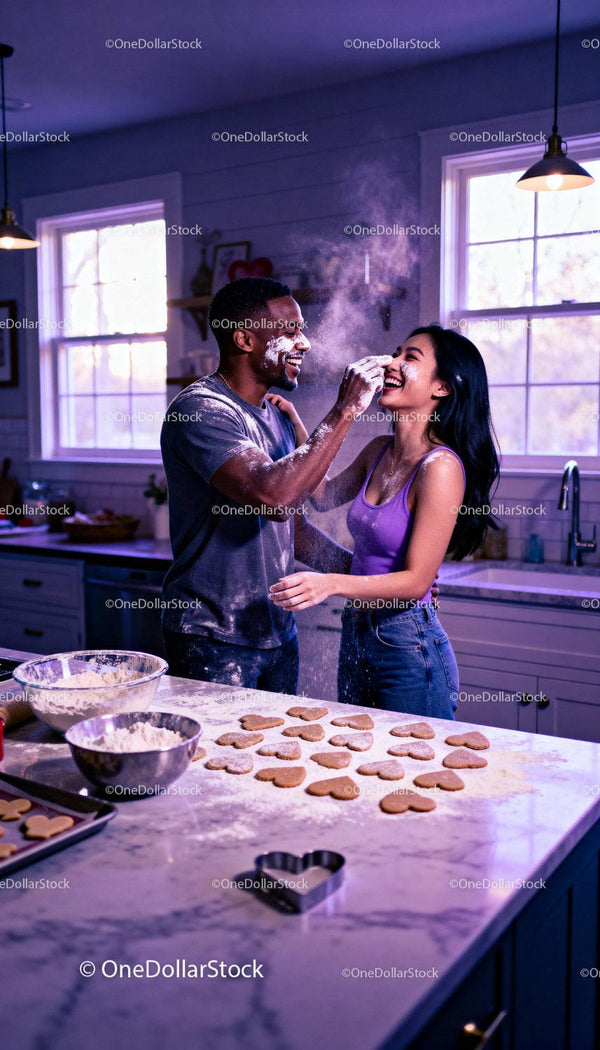 Couple Baking Heart Shaped Cookies Sharing Joy