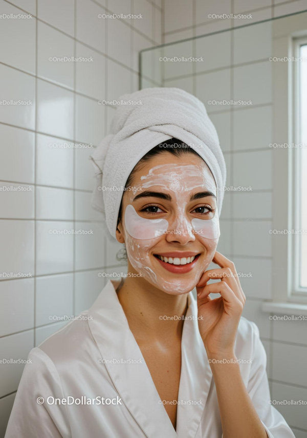 Smiling woman with face mask and eye patches in bathroom