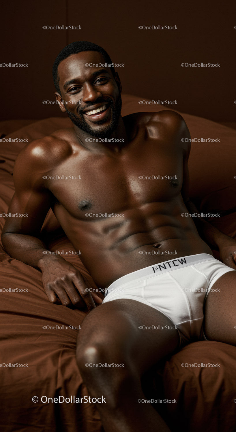 Smiling muscular man relaxing on brown bedding in white briefs