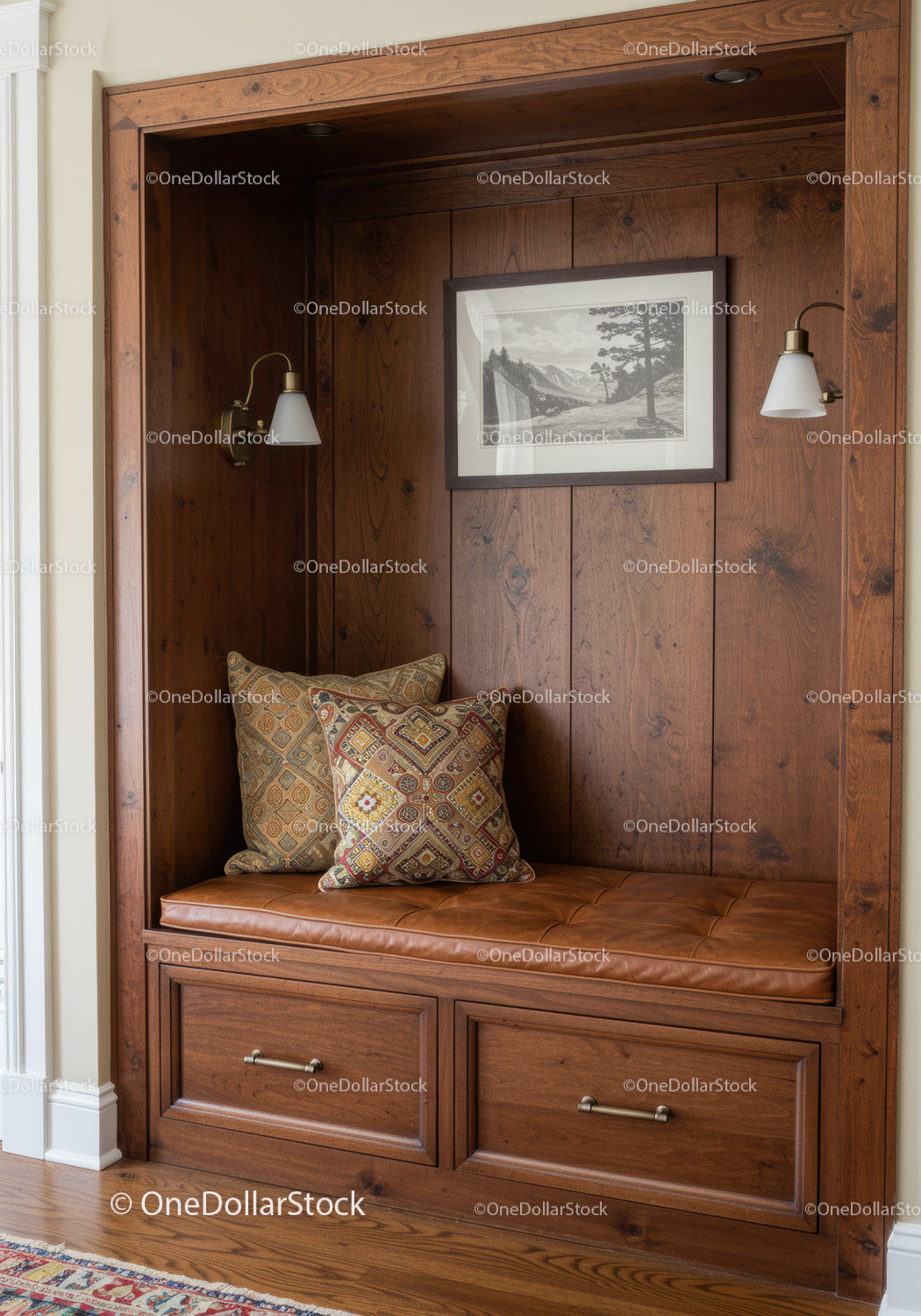 Elegant Wooden Window Seat with Cushions and Framed Landscape Art
